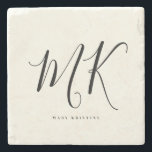 Luxe minima zwart monogram - Latijnse afbeelding s Stenen Onderzetter<br><div class="desc">Chic en stijlvol,  dit moderne monogram onderzetter in ivoor en zwart is een verfijnd minimalistisch ontwerp dat je monogram combineert met een handgeschreven script langs jouw naam in elegante serif typografie.</div>