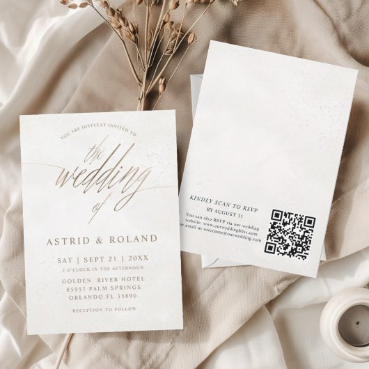 Luxe Minimaal Goud & Beige QR Code Bruiloft Kaart