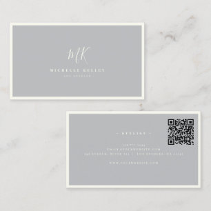 Luxe minimale monogram grijze Ivory Chic QR-code Visitekaartje
