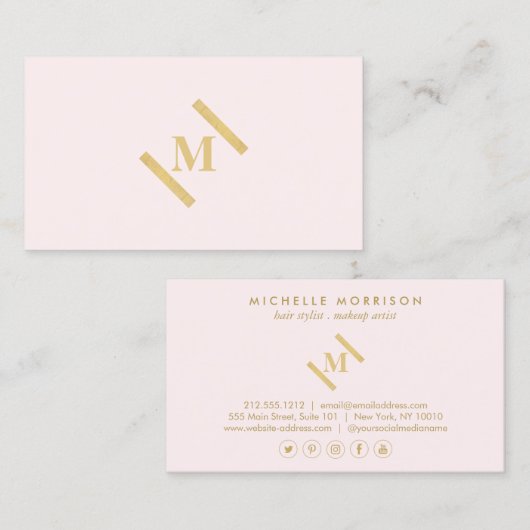 Luxe minimalistisch monogram goud/roze visitekaartje (Voorkant / Achterkant)