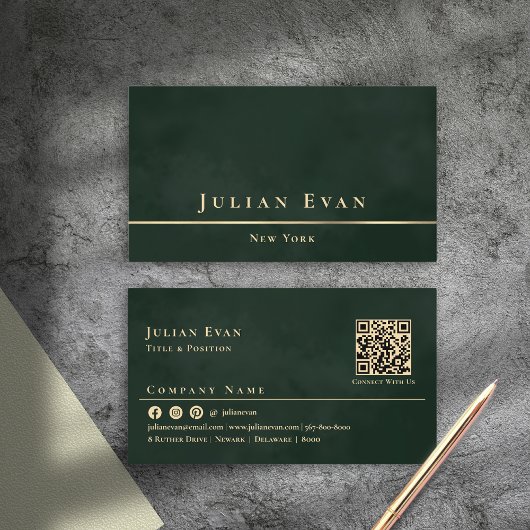 Luxe minimalistische donkere smaragdgroen en goud visitekaartje