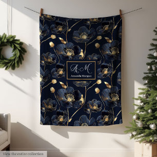 Luxe minimalistische Navy Worp Gouden Bloemen Mono Fleece Deken