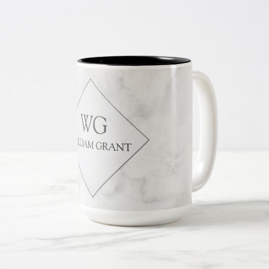 Luxe minimalistische witte marmer Chic Monogram Tweekleurige Koffiemok (Voorkant rechts)