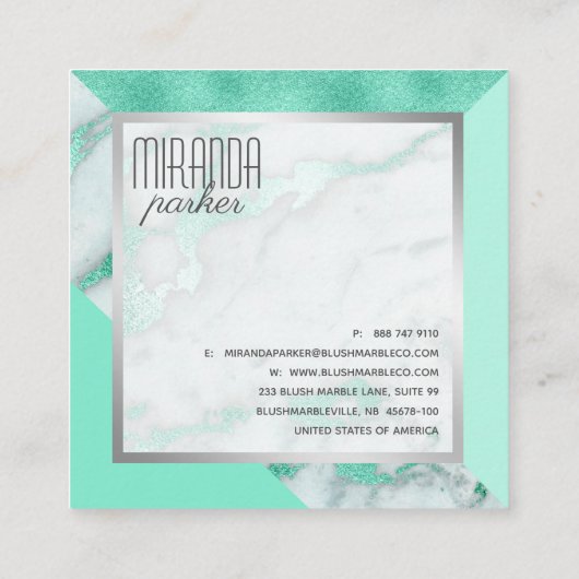 Luxe Mint Marble Geometric Square Visitekaartje (Achterkant)
