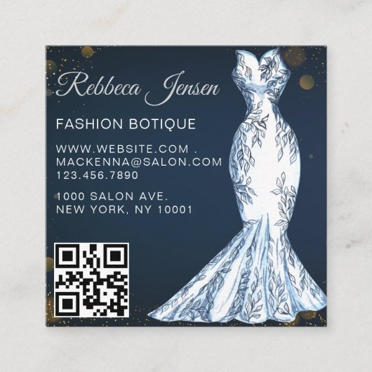 Luxe Modeontwerper Glitter Jurk QR CODE Vierkante Visitekaartje (Voorkant)