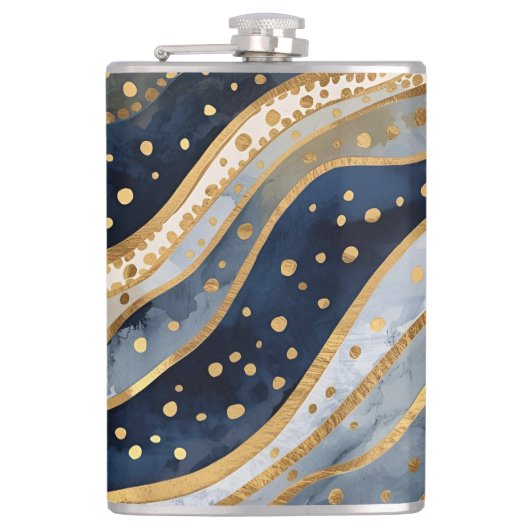 Luxe, Modern, Goud Blauw Patroon, Heupfles (Voorkant)