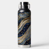Luxe, Modern, Goud Blauw Patroon, Waterfles (Voorkant)