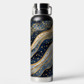 Luxe, Modern, Goud Blauw Patroon, Waterfles (Achterkant)