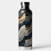 Luxe, Modern, Goud Blauw Patroon, Waterfles (Rechts)