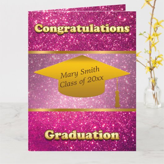 Luxe Moderne Aanpasbare Roze Glitters Kaart (Gele Bloem)