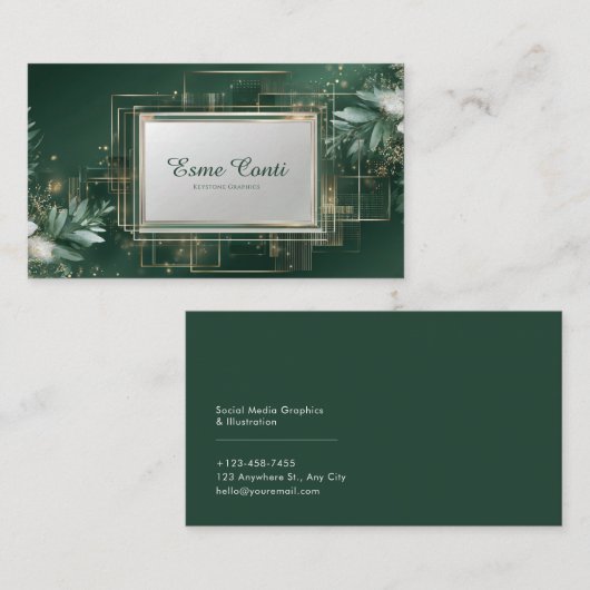 Luxe moderne botanische smaragd & goud visitekaartje (Voorkant / Achterkant)