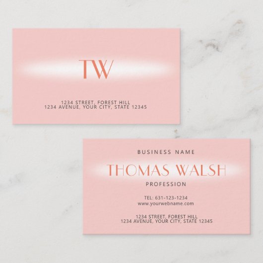 Luxe Moderne Elegante Bleke Roze Monogram Visitekaartje (Voorkant / Achterkant)