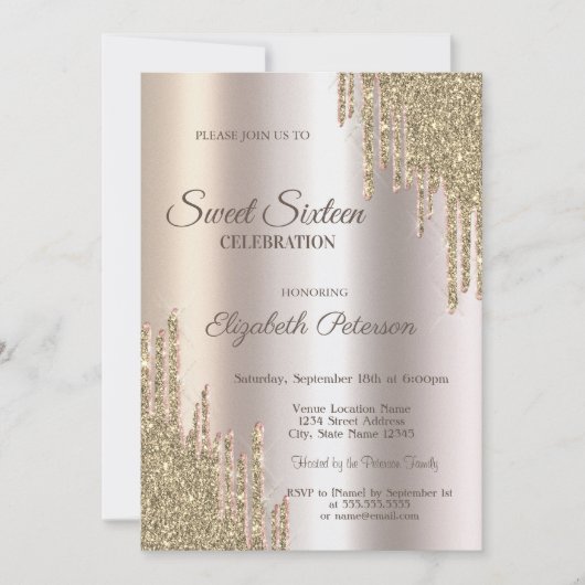 Luxe Moderne Glitterdruppels Goud Sweet 16 Kaart (Voorkant)