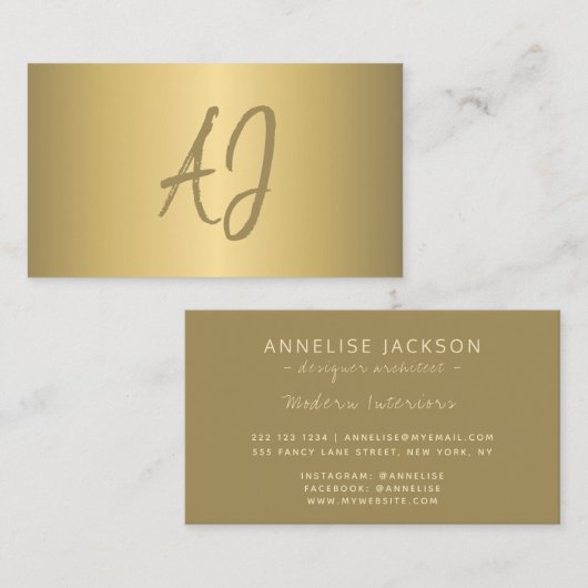 Luxe moderne metallic goud zand monogrammed visitekaartje (Voorkant / Achterkant)