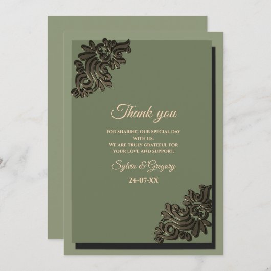 Luxe Moderne Sage groen & goud klassiek metallic Bedankkaart (Voorkant / Achterkant)