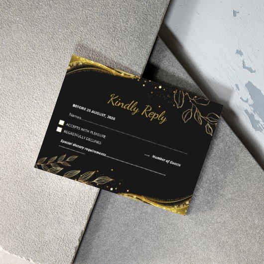 Luxe Moderne Zwart Goud Bloemen Huwelijk RSVP Kaartje