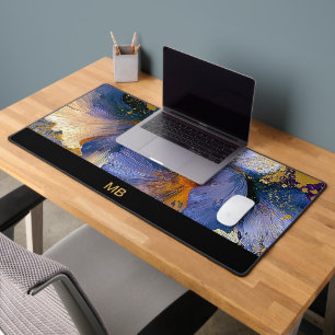 Luxe Monogram Blauw Paars Goud Bloemmotief Kunst Bureaumat