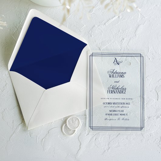 Luxe Monogram Blauwe Bruiloft Acryl Uitnodigingen