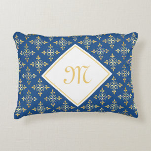 Luxe Monogram Blauwe en Gouden Quatre Bloem Accent Kussen