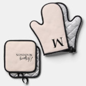 Luxe Monogram Brush Blush Pink Ovenwant & Pannenlap Set (Voorkant / Achterkant)