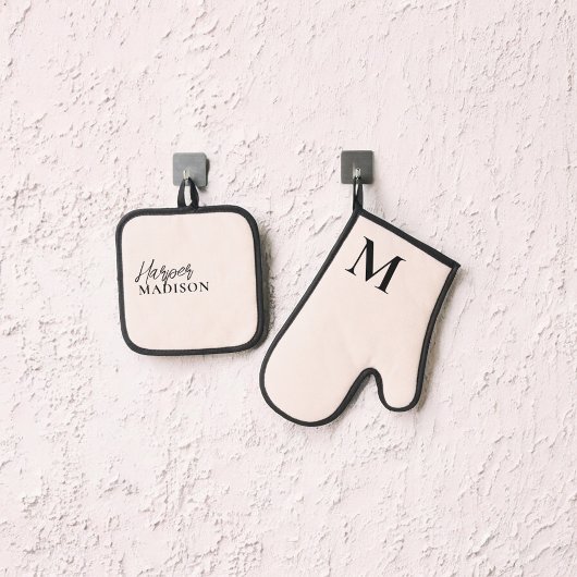 Luxe Monogram Brush Blush Pink Ovenwant & Pannenlap Set