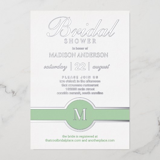 Luxe Monogram Chic Vrijgezellenfeest Green Silver Folie Uitnodiging (Voorkant)