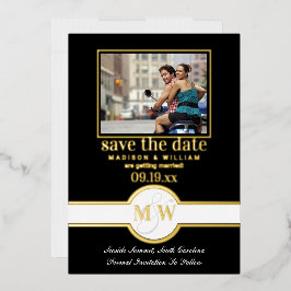 Luxe Monogram Foto Save The Date Zwart en Goud Folie Uitnodiging