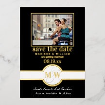 Luxe Monogram Foto Save The Date Zwart en Goud
