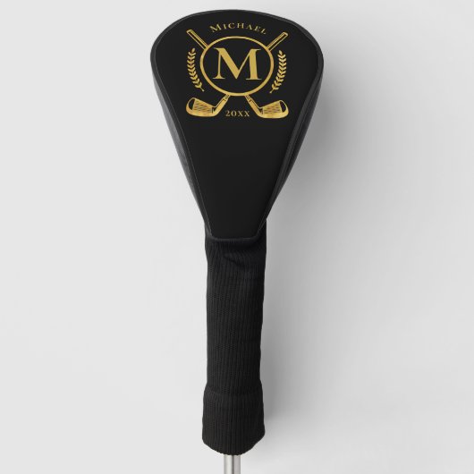 Luxe Monogram Gold op Black Golf Club Head Hoesje Golfheadcover (Voorkant)