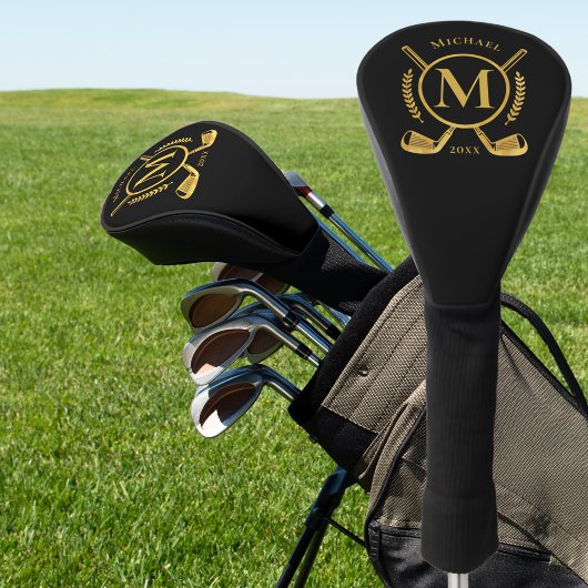 Luxe Monogram Gold op Black Golf Club Head Hoesje Golfheadcover