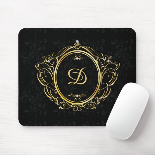 Luxe Monogram Goud Lijst zwart damast Muismat (Met muis)