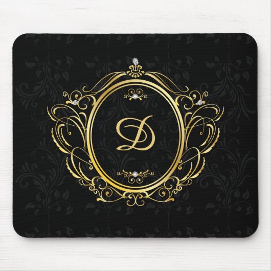 Luxe Monogram Goud Lijst zwart damast Muismat (Voorkant)