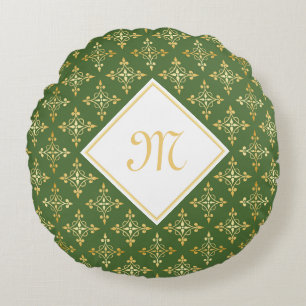 Luxe Monogram Groene en Gouden Quatre Bloem Rond Kussen