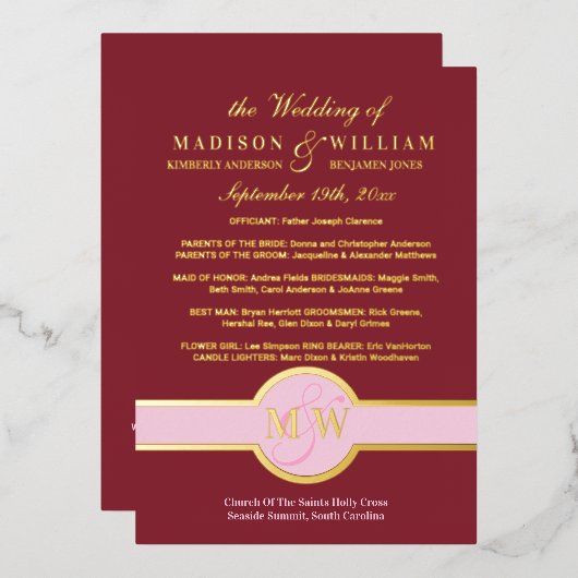 Luxe Monogram Huwelijksprogramma Bordeaux Goud Folie Uitnodiging (Voorkant / Achterkant)