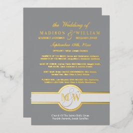 Luxe Monogram Huwelijksprogramma Grijs en Goud Folie Uitnodiging