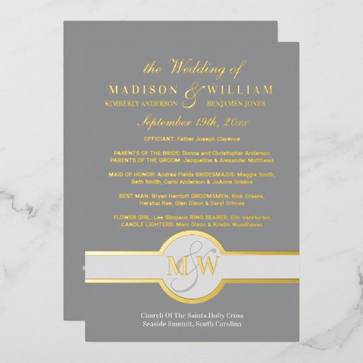 Luxe Monogram Huwelijksprogramma Grijs en Goud Folie Uitnodiging (Voorkant / Achterkant)
