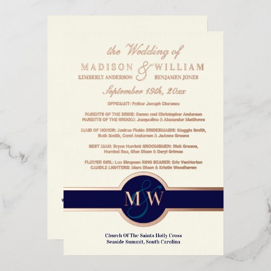 Luxe Monogram Huwelijksprogramma Navy Roze Goud Folie Uitnodiging (Voorkant / Achterkant)