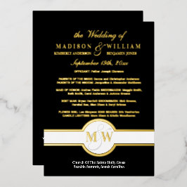 Luxe Monogram Huwelijksprogramma Zwart en Goud Folie Uitnodiging