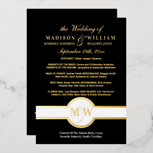 Luxe Monogram Huwelijksprogramma Zwart en Goud Folie Uitnodiging (Voorkant / Achterkant)