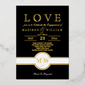 Luxe Monogram LOVE Engagement Party Black en Gold Folie Uitnodiging (Voorkant)