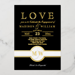 Luxe Monogram LOVE Engagement Party Black en Gold Folie Uitnodiging