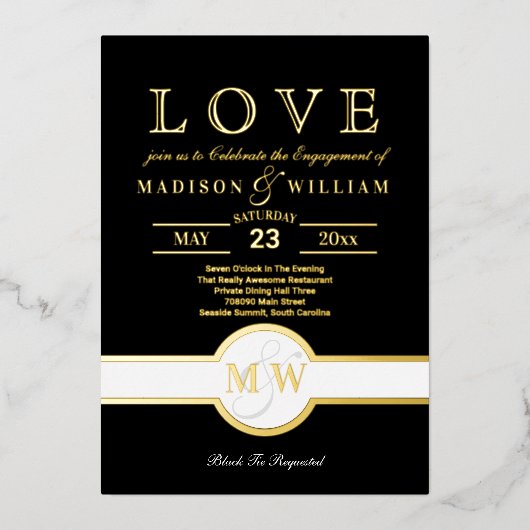 Luxe Monogram LOVE Engagement Party Black en Gold Folie Uitnodiging (Voorkant)