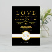 Luxe Monogram LOVE Engagement Party Black en Gold Folie Uitnodiging (Staand Voorkant)