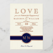 Luxe Monogram LOVE Engagement Party Navy Roos Gold Folie Uitnodiging (Voorkant)