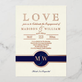 Luxe Monogram LOVE Engagement Party Navy Roos Gold Folie Uitnodiging
