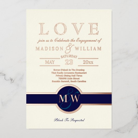 Luxe Monogram LOVE Engagement Party Navy Roos Gold Folie Uitnodiging (Voorkant)