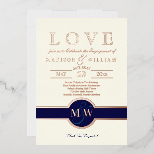 Luxe Monogram LOVE Engagement Party Navy Roos Gold Folie Uitnodiging (Envelop)