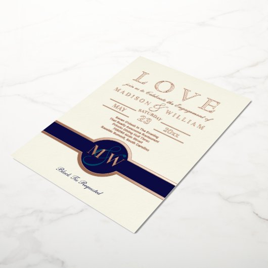 Luxe Monogram LOVE Engagement Party Navy Roos Gold Folie Uitnodiging (Gedraaid)