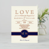 Luxe Monogram LOVE Engagement Party Navy Roos Gold Folie Uitnodiging (Staand Voorkant)