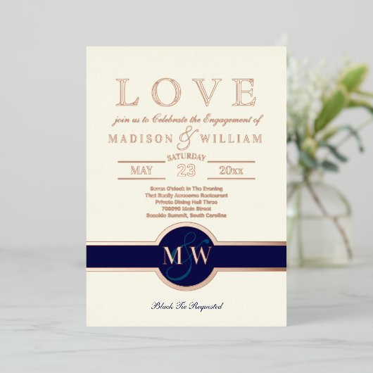 Luxe Monogram LOVE Engagement Party Navy Roos Gold Folie Uitnodiging (Staand Voorkant)